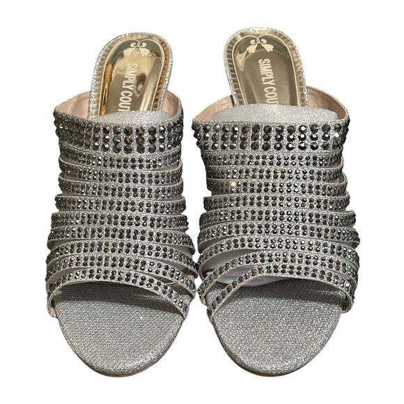 Simply Couture Rhinestone Heels Silver Open Toe Sandal Slides–Glam Party Size 11 - Picture 2 of 10